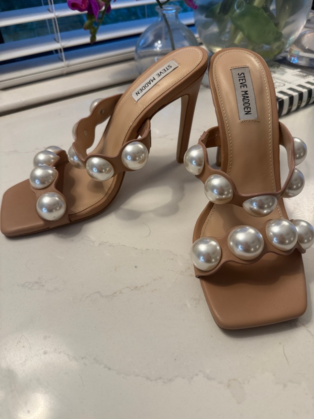 Steve Madden Nude Tan Pearl-Embellished Heeled Mules